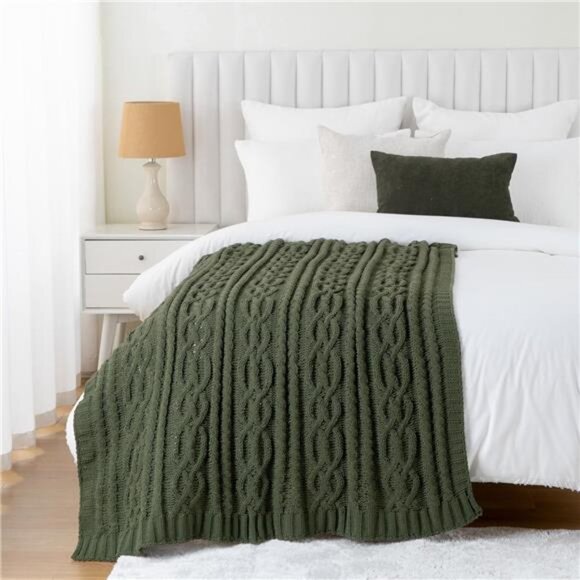 Olive Green Throw Blanket Chunky Cable Knit Soft Cozy Chenille Blanket for Couch - Picture 5 of 7